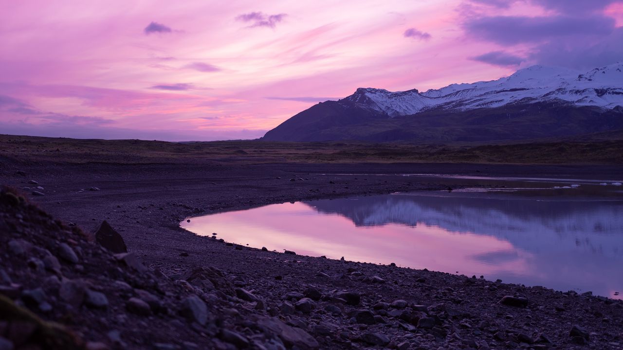 Wallpaper mountains, lake, sunset, sky, stones