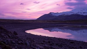 Preview wallpaper mountains, lake, sunset, sky, stones