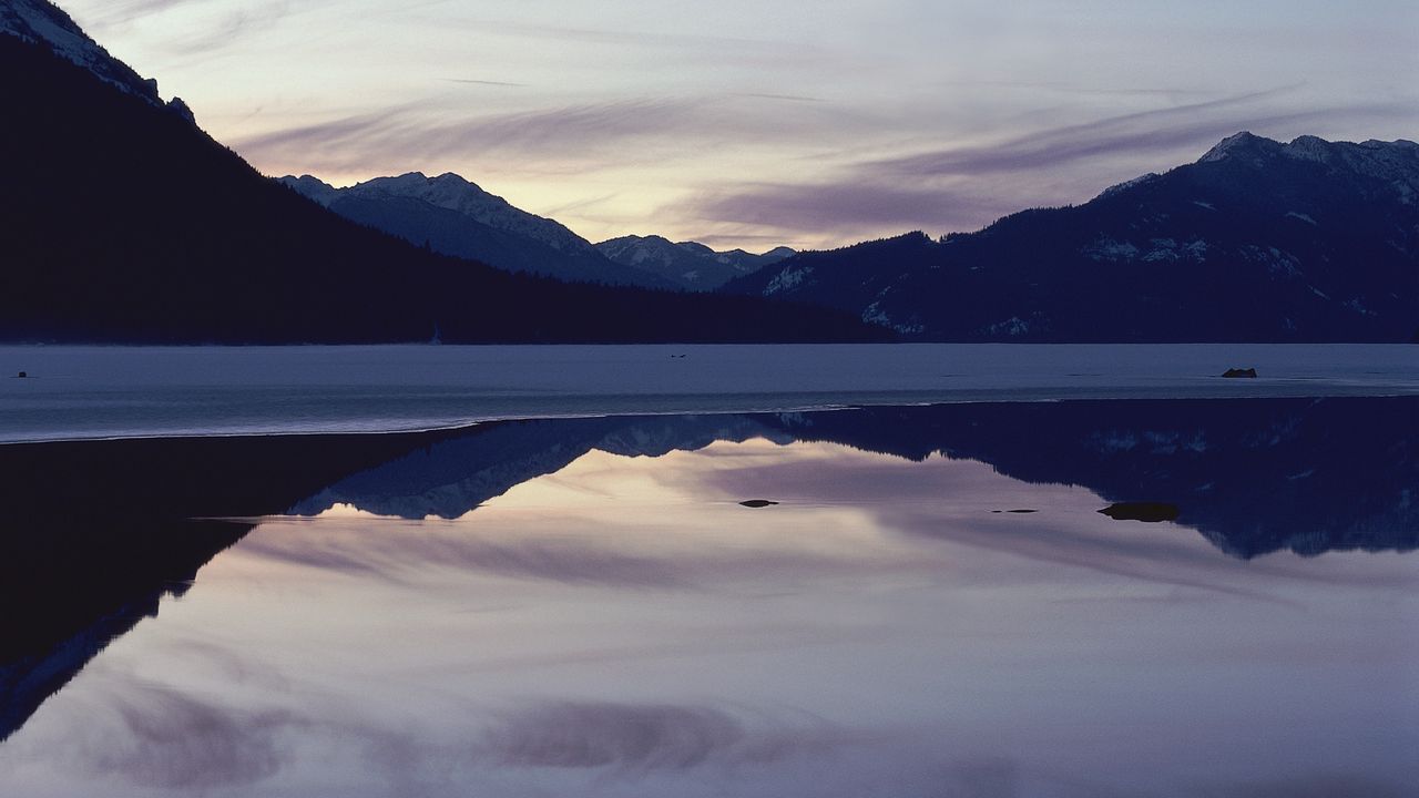 Wallpaper mountains, lake, surface, smooth surface, evening, twilight
