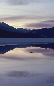 Preview wallpaper mountains, lake, surface, smooth surface, evening, twilight