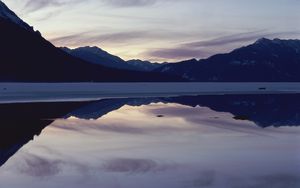 Preview wallpaper mountains, lake, surface, smooth surface, evening, twilight