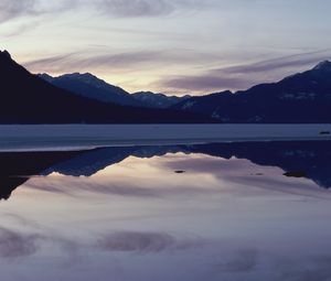 Preview wallpaper mountains, lake, surface, smooth surface, evening, twilight