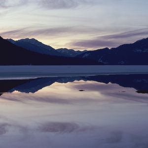 Preview wallpaper mountains, lake, surface, smooth surface, evening, twilight