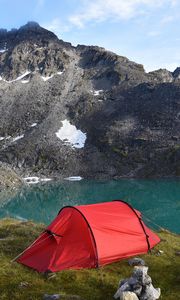 Preview wallpaper mountains, lake, tent, camping, nature