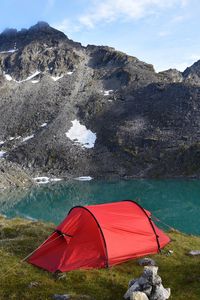 Preview wallpaper mountains, lake, tent, camping, nature