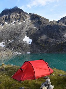 Preview wallpaper mountains, lake, tent, camping, nature