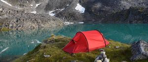 Preview wallpaper mountains, lake, tent, camping, nature