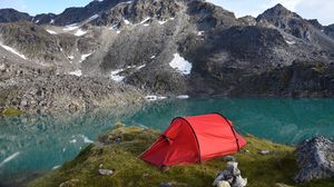 Preview wallpaper mountains, lake, tent, camping, nature