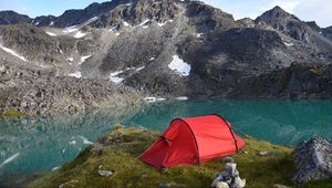 Preview wallpaper mountains, lake, tent, camping, nature