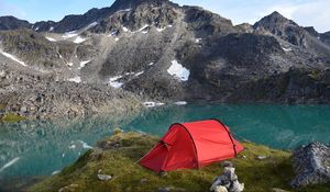 Preview wallpaper mountains, lake, tent, camping, nature