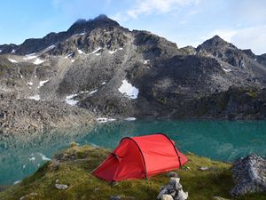 Preview wallpaper mountains, lake, tent, camping, nature