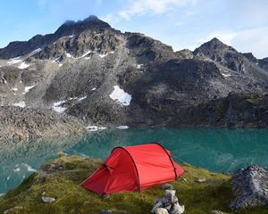 Preview wallpaper mountains, lake, tent, camping, nature