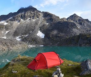 Preview wallpaper mountains, lake, tent, camping, nature