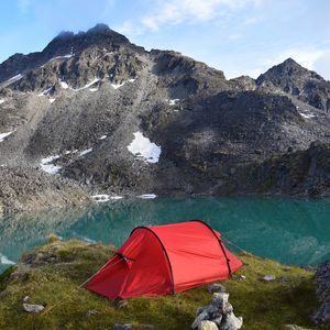 Preview wallpaper mountains, lake, tent, camping, nature