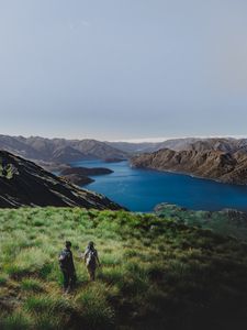 Preview wallpaper mountains, lake, top, hiking