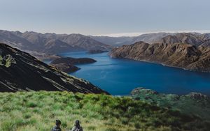 Preview wallpaper mountains, lake, top, hiking