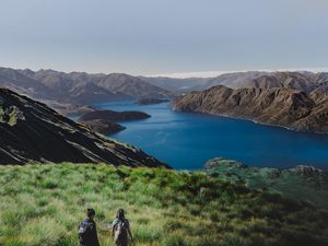 Preview wallpaper mountains, lake, top, hiking