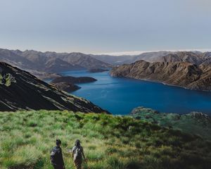 Preview wallpaper mountains, lake, top, hiking