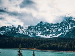 Preview wallpaper mountains, lake, tops, trees