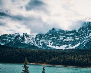 Preview wallpaper mountains, lake, tops, trees