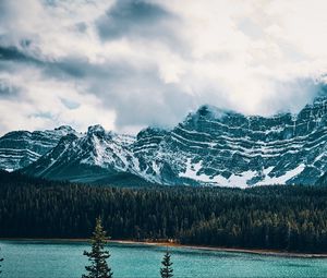 Preview wallpaper mountains, lake, tops, trees