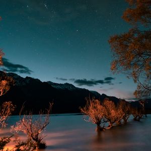 Preview wallpaper mountains, lake, trees, twilight, starry sky