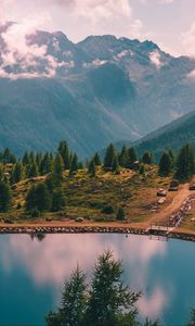 Preview wallpaper mountains, lake, trees, shore, landscape, aerial view