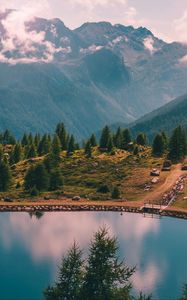 Preview wallpaper mountains, lake, trees, shore, landscape, aerial view