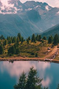 Preview wallpaper mountains, lake, trees, shore, landscape, aerial view