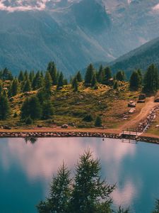 Preview wallpaper mountains, lake, trees, shore, landscape, aerial view