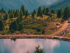 Preview wallpaper mountains, lake, trees, shore, landscape, aerial view