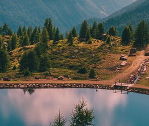 Preview wallpaper mountains, lake, trees, shore, landscape, aerial view