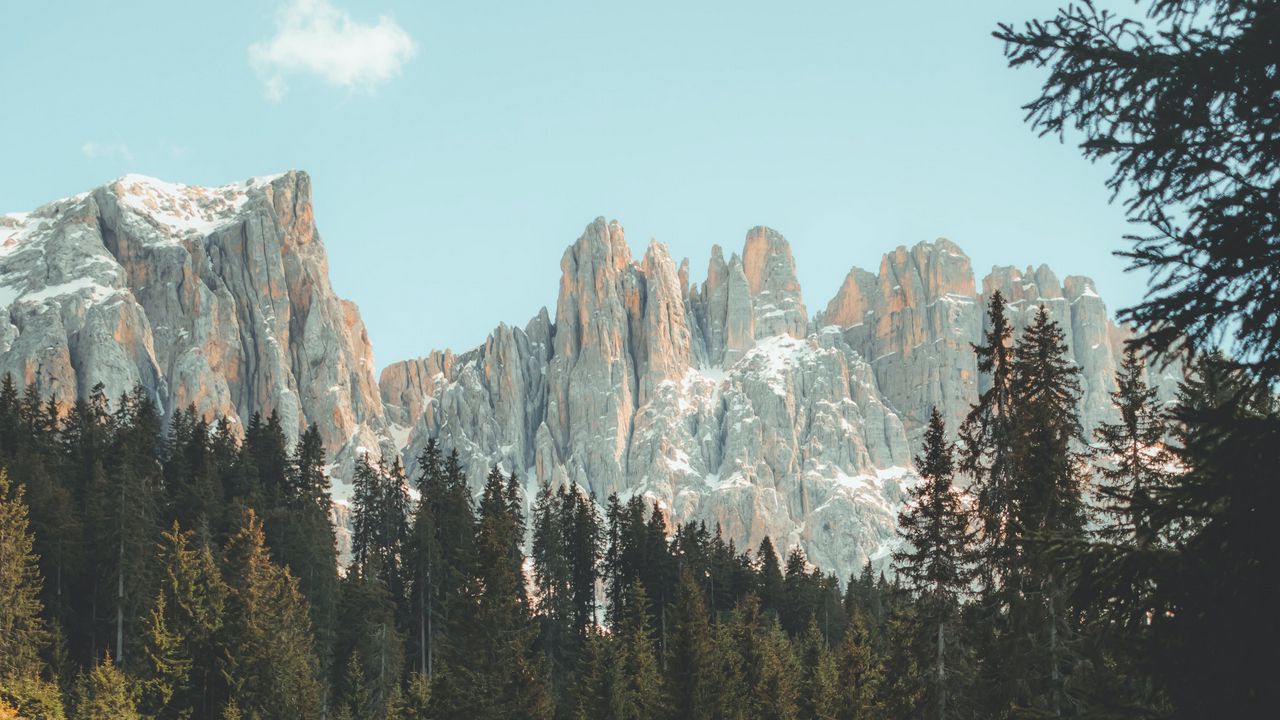 Wallpaper mountains, lake, trees, branches, sky