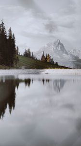 Preview wallpaper mountains, lake, trees, slope, clouds