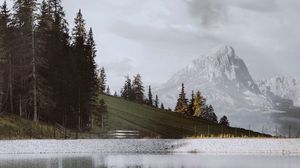 Preview wallpaper mountains, lake, trees, slope, clouds