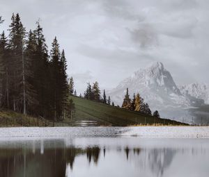 Preview wallpaper mountains, lake, trees, slope, clouds