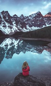 Preview wallpaper mountains, lake, trees, reflection, girl, landscape