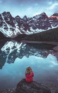 Preview wallpaper mountains, lake, trees, reflection, girl, landscape