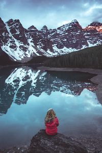 Preview wallpaper mountains, lake, trees, reflection, girl, landscape