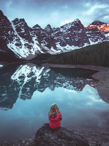 Preview wallpaper mountains, lake, trees, reflection, girl, landscape