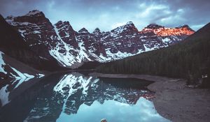 Preview wallpaper mountains, lake, trees, reflection, girl, landscape