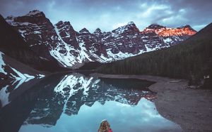 Preview wallpaper mountains, lake, trees, reflection, girl, landscape