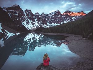 Preview wallpaper mountains, lake, trees, reflection, girl, landscape