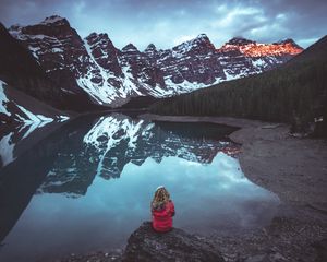 Preview wallpaper mountains, lake, trees, reflection, girl, landscape