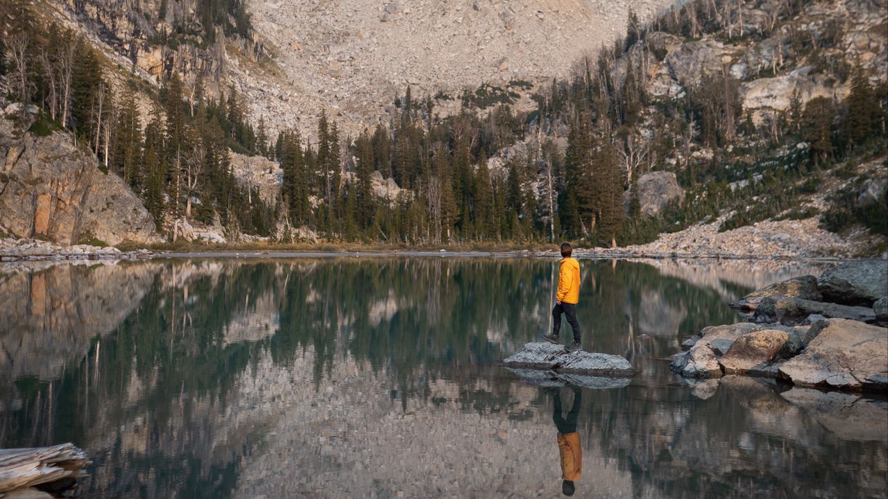 Wallpaper mountains, lake, trees, man, alone, nature hd, picture, image