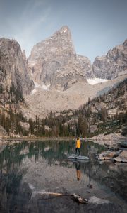 Preview wallpaper mountains, lake, trees, man, alone, nature