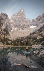 Preview wallpaper mountains, lake, trees, man, alone, nature