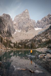 Preview wallpaper mountains, lake, trees, man, alone, nature