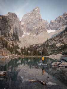 Preview wallpaper mountains, lake, trees, man, alone, nature