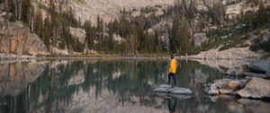 Preview wallpaper mountains, lake, trees, man, alone, nature